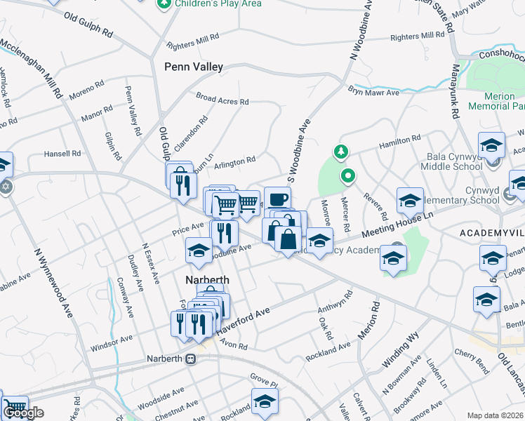 map of restaurants, bars, coffee shops, grocery stores, and more near 515 South Woodbine Avenue in Penn Valley