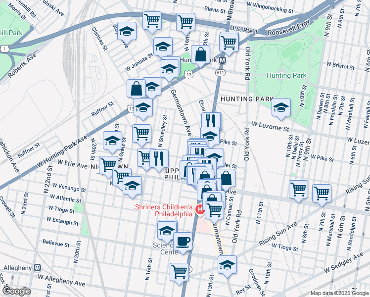 map of restaurants, bars, coffee shops, grocery stores, and more near 3826 North 15th Street in Philadelphia