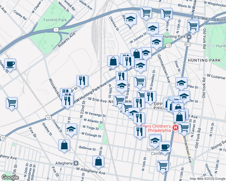 map of restaurants, bars, coffee shops, grocery stores, and more near 1941 West Carey Street in Philadelphia