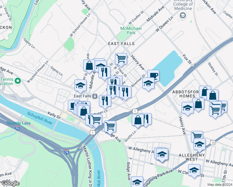 map of restaurants, bars, coffee shops, grocery stores, and more near Conrad St & Division St in Philadelphia