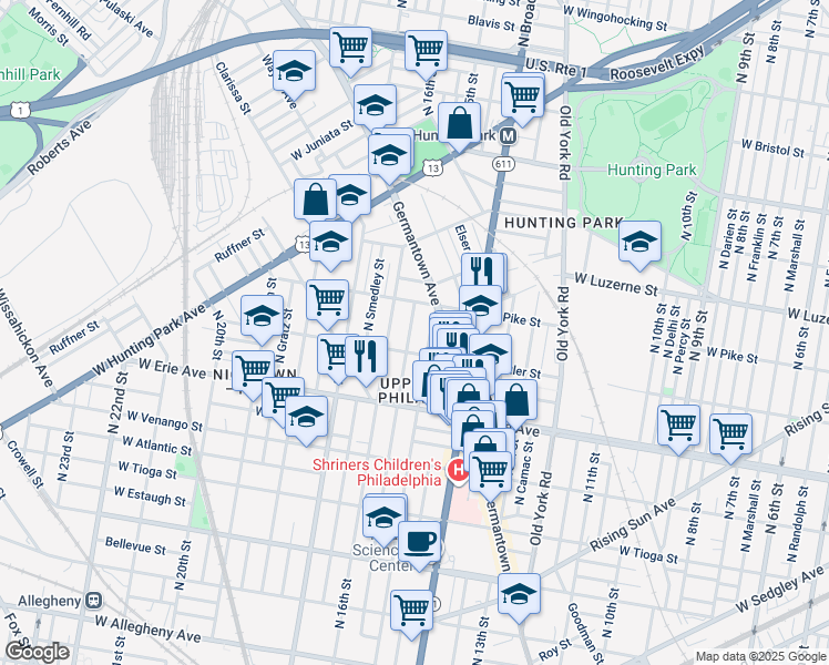 map of restaurants, bars, coffee shops, grocery stores, and more near 3823 North Sydenham Street in Philadelphia