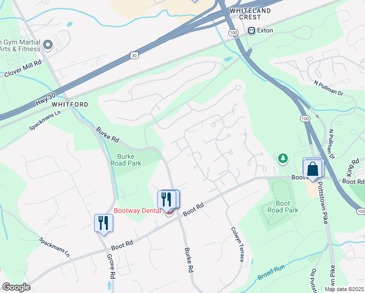 map of restaurants, bars, coffee shops, grocery stores, and more near 4 Denbigh Terrace in West Chester