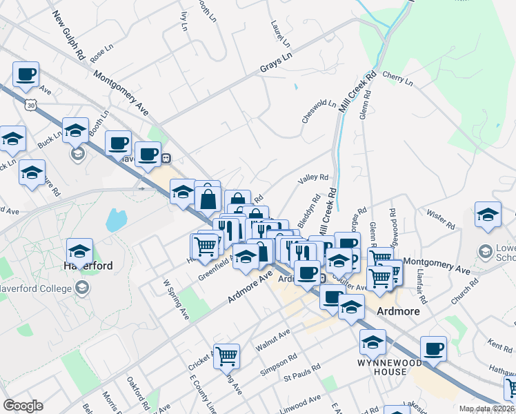 map of restaurants, bars, coffee shops, grocery stores, and more near 104 West Montgomery Avenue in Ardmore