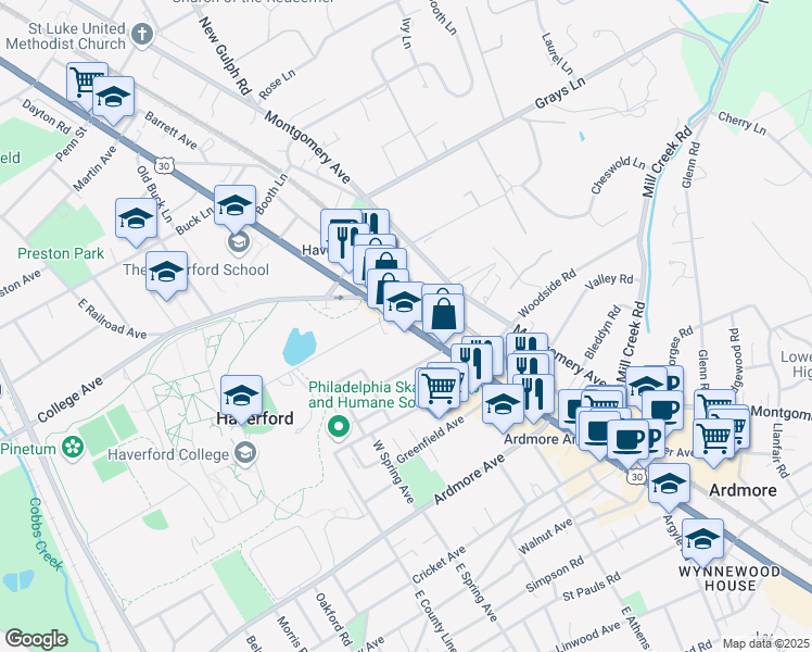 map of restaurants, bars, coffee shops, grocery stores, and more near 370 Lancaster Avenue in Haverford