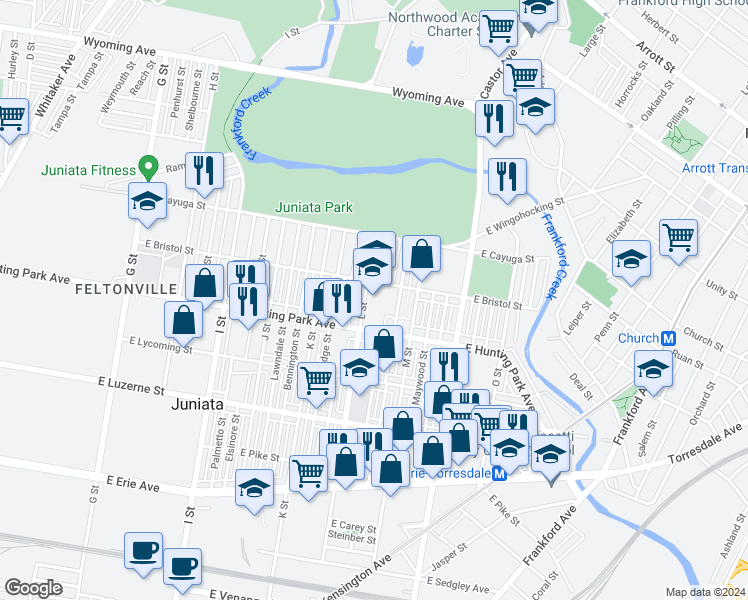 map of restaurants, bars, coffee shops, grocery stores, and more near 4251 L Street in Philadelphia