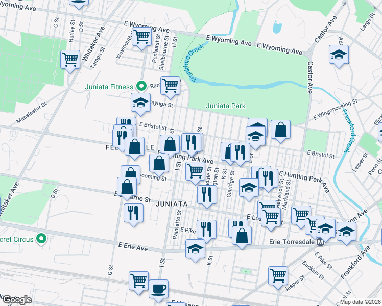 map of restaurants, bars, coffee shops, grocery stores, and more near 4140 J Street in Philadelphia