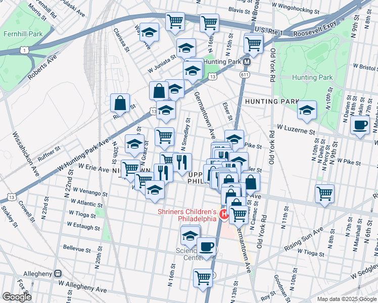 map of restaurants, bars, coffee shops, grocery stores, and more near 3814 North 16th Street in Philadelphia