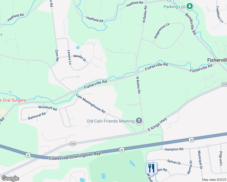 map of restaurants, bars, coffee shops, grocery stores, and more near 2910 Fisherville Road in Coatesville