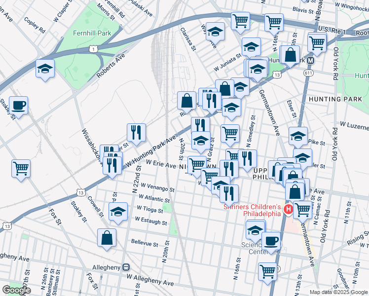 map of restaurants, bars, coffee shops, grocery stores, and more near 1947 West Carey Street in Philadelphia