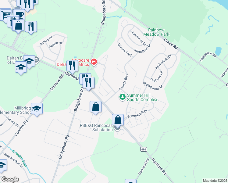 map of restaurants, bars, coffee shops, grocery stores, and more near 77 Castleton Road in Delran