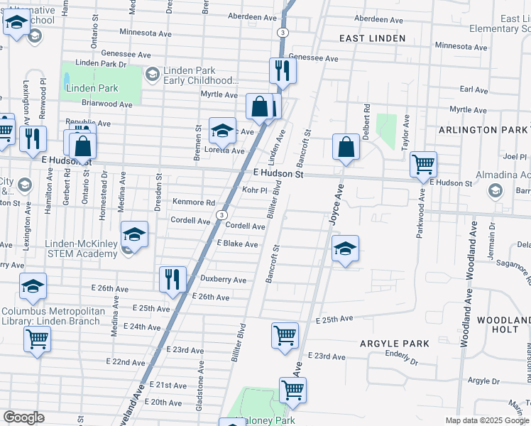 map of restaurants, bars, coffee shops, grocery stores, and more near 1625 Kenmore Road in Columbus