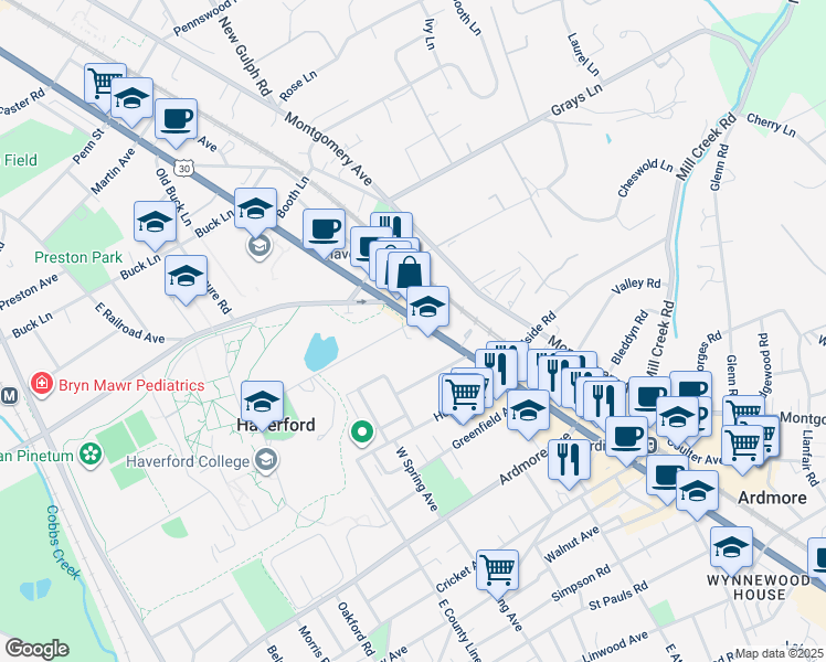 map of restaurants, bars, coffee shops, grocery stores, and more near 370 West Lancaster Avenue in Haverford