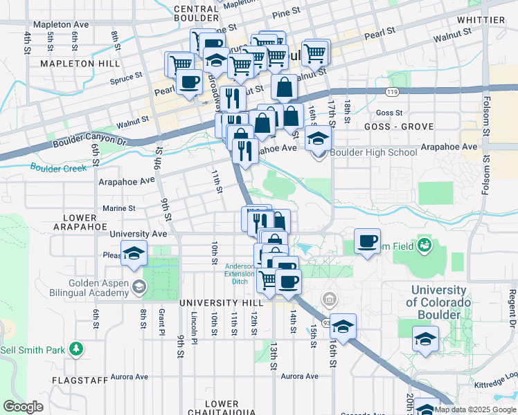 map of restaurants, bars, coffee shops, grocery stores, and more near 1506 Broadway in Boulder