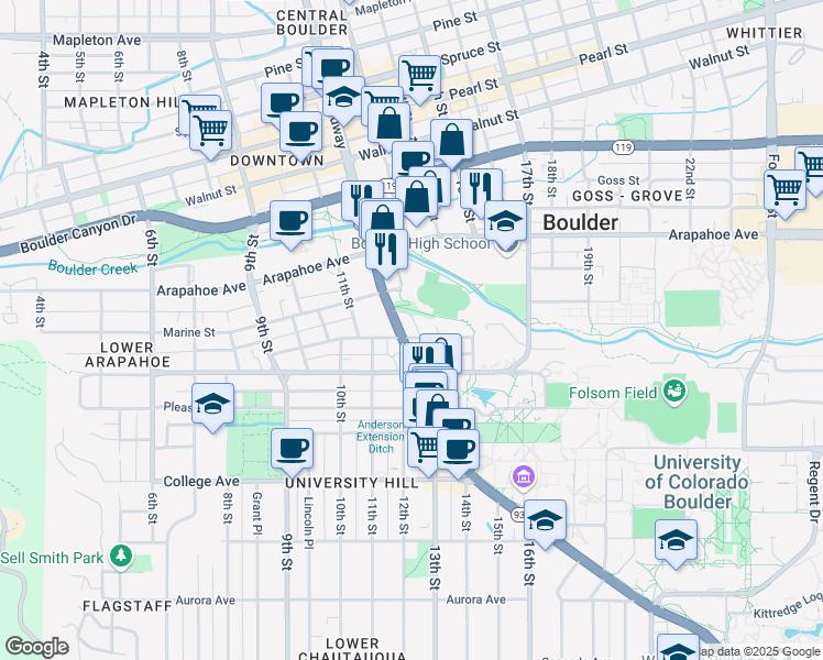 map of restaurants, bars, coffee shops, grocery stores, and more near 1506 Broadway in Boulder