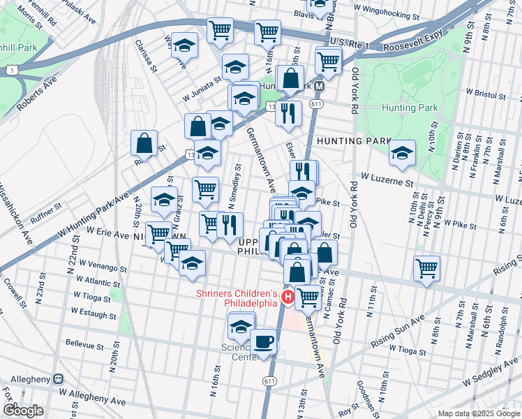 map of restaurants, bars, coffee shops, grocery stores, and more near 3825 North Sydenham Street in Philadelphia