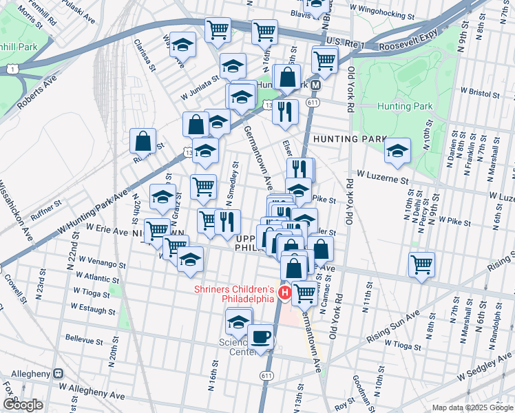 map of restaurants, bars, coffee shops, grocery stores, and more near 3825 North Sydenham Street in Philadelphia