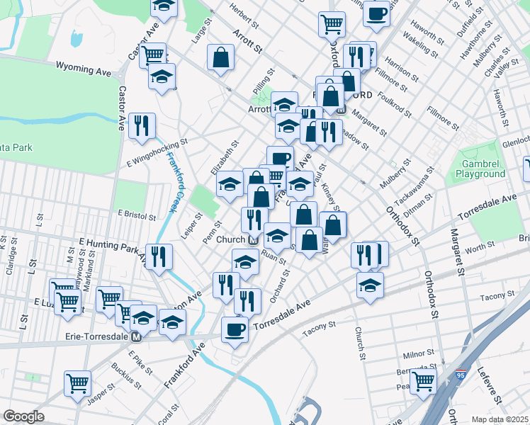 map of restaurants, bars, coffee shops, grocery stores, and more near 4358 Frankford Avenue in Philadelphia