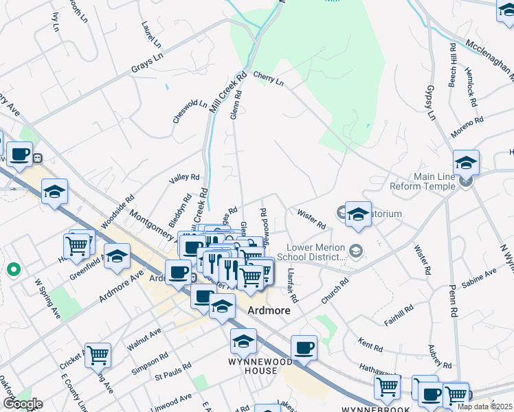 map of restaurants, bars, coffee shops, grocery stores, and more near 134 Edgewood Road in Ardmore