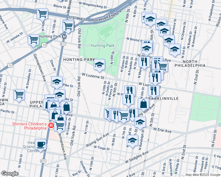 map of restaurants, bars, coffee shops, grocery stores, and more near 3916 North Percy Street in Philadelphia