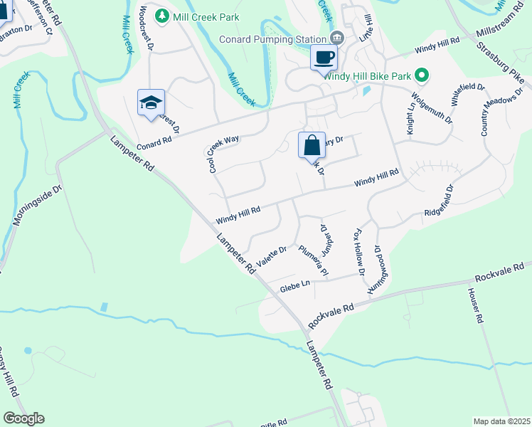 map of restaurants, bars, coffee shops, grocery stores, and more near 1722 Windy Hill Road in Lancaster