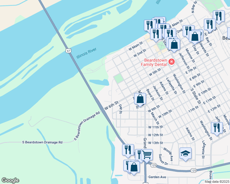 map of restaurants, bars, coffee shops, grocery stores, and more near 6 Bridgeview Street in Beardstown