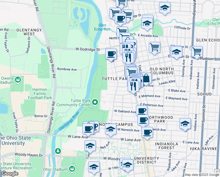 map of restaurants, bars, coffee shops, grocery stores, and more near 133 West Blake Avenue in Columbus