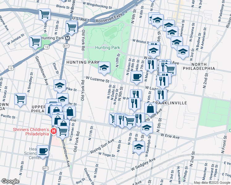 map of restaurants, bars, coffee shops, grocery stores, and more near 3916 North Percy Street in Philadelphia