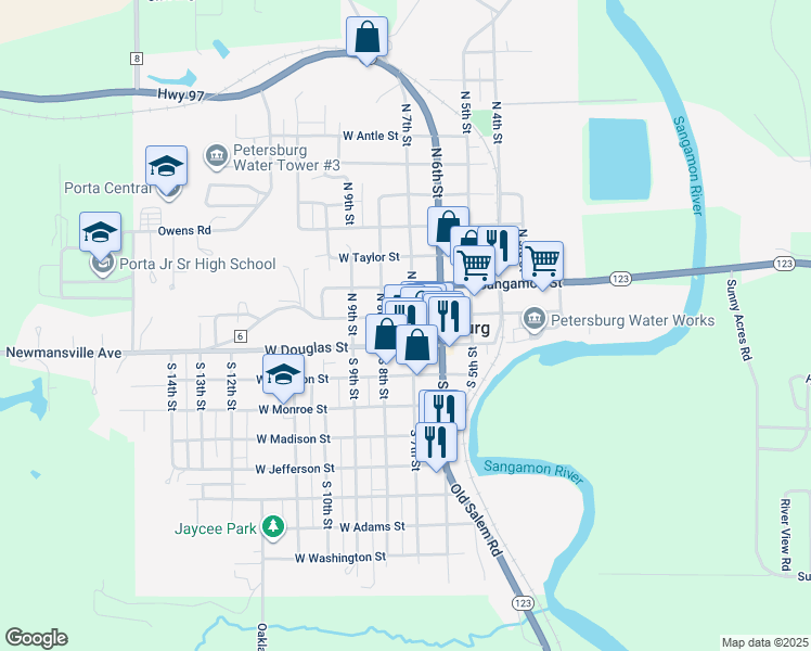 map of restaurants, bars, coffee shops, grocery stores, and more near 117 North 7th Street in Petersburg