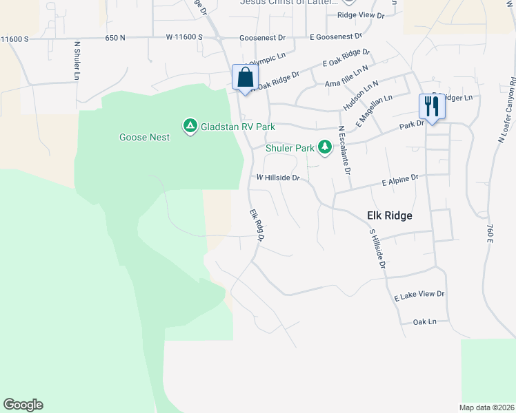 map of restaurants, bars, coffee shops, grocery stores, and more near 26 Elk Ridge Drive in Elk Ridge