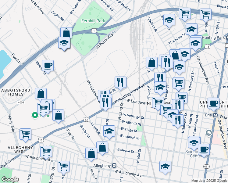 map of restaurants, bars, coffee shops, grocery stores, and more near 2125 Ruffner Street in Philadelphia