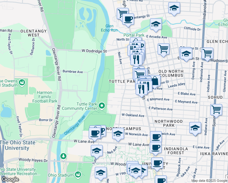 map of restaurants, bars, coffee shops, grocery stores, and more near 140 West Blake Avenue in Columbus
