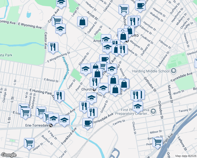 map of restaurants, bars, coffee shops, grocery stores, and more near 4358 Frankford Avenue in Philadelphia