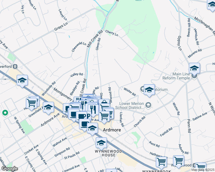 map of restaurants, bars, coffee shops, grocery stores, and more near 134 Edgewood Road in Ardmore
