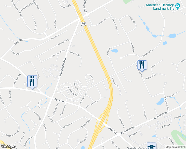 map of restaurants, bars, coffee shops, grocery stores, and more near 574 Cork Circle in West Chester