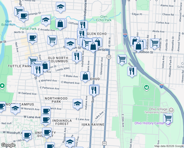 map of restaurants, bars, coffee shops, grocery stores, and more near 2365 Summit Street in Columbus