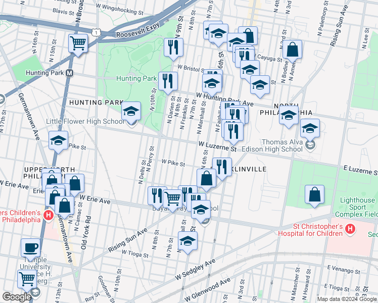 map of restaurants, bars, coffee shops, grocery stores, and more near 3939 North 7th Street in Philadelphia