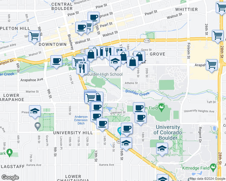 map of restaurants, bars, coffee shops, grocery stores, and more near 1402 Athens Street in Boulder