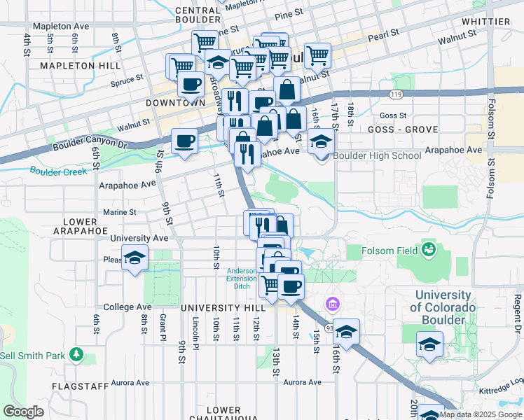 map of restaurants, bars, coffee shops, grocery stores, and more near 1560 Broadway in Boulder