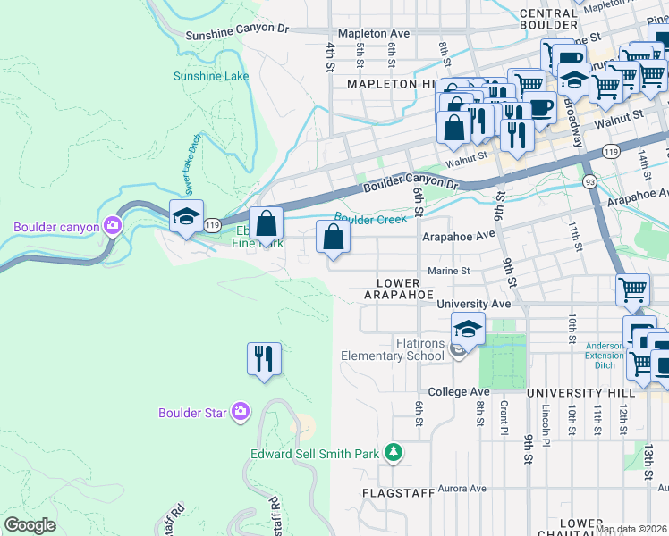 map of restaurants, bars, coffee shops, grocery stores, and more near 428 Arapahoe Avenue in Boulder