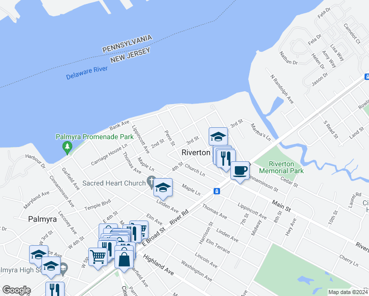 map of restaurants, bars, coffee shops, grocery stores, and more near 200 Main Street in Riverton