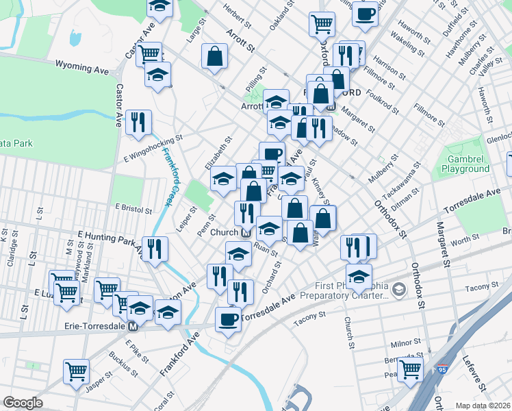 map of restaurants, bars, coffee shops, grocery stores, and more near 4358 Frankford Avenue in Philadelphia
