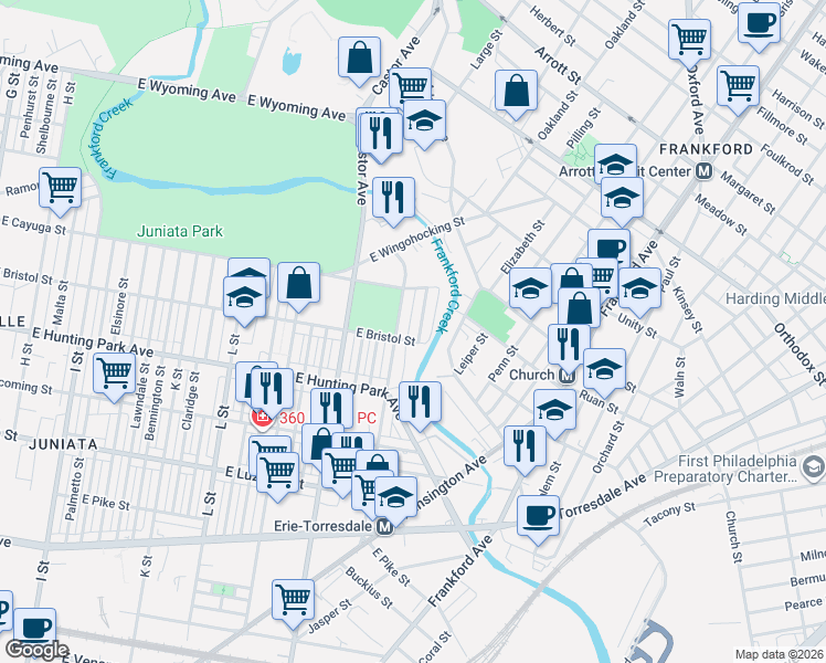 map of restaurants, bars, coffee shops, grocery stores, and more near 4345 Potter Street in Philadelphia