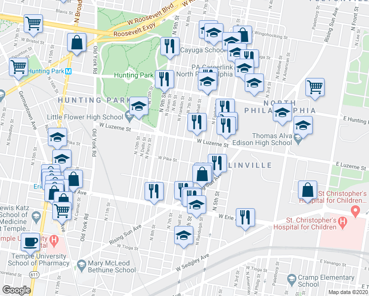 map of restaurants, bars, coffee shops, grocery stores, and more near 4001 North 7th Street in Philadelphia