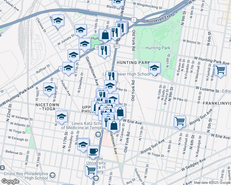 map of restaurants, bars, coffee shops, grocery stores, and more near 1347 West Pike Street in Philadelphia