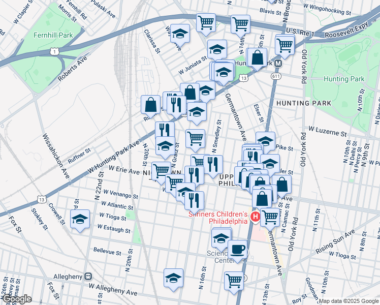 map of restaurants, bars, coffee shops, grocery stores, and more near 1725 West Butler Street in Philadelphia