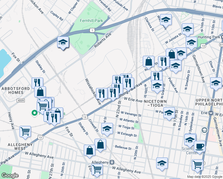 map of restaurants, bars, coffee shops, grocery stores, and more near 2125 Ruffner Street in Philadelphia