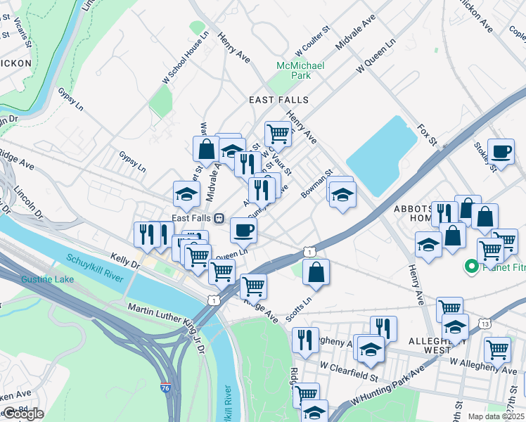 map of restaurants, bars, coffee shops, grocery stores, and more near 3455 Sunnyside Avenue in Philadelphia