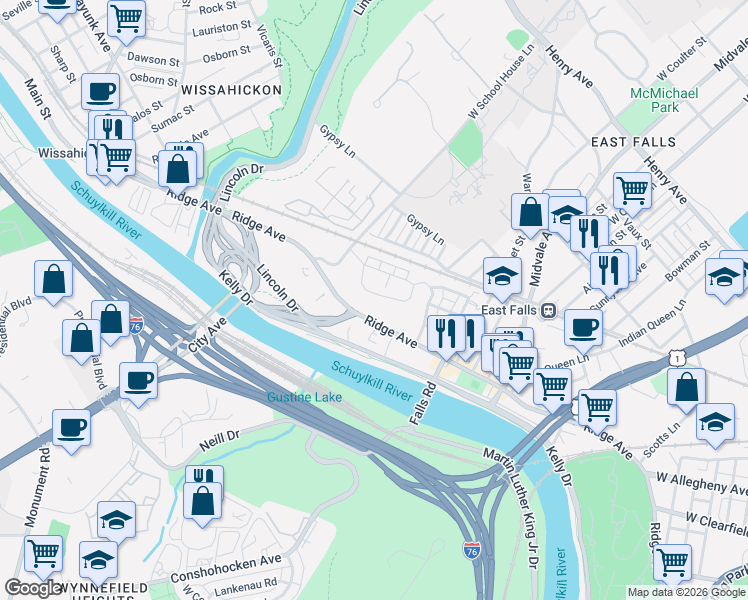 map of restaurants, bars, coffee shops, grocery stores, and more near 4467 Riverview Lane in Philadelphia