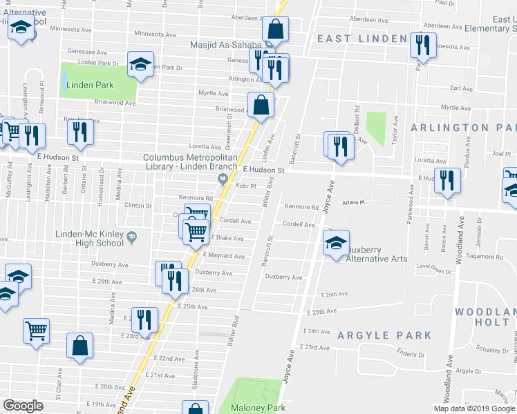 map of restaurants, bars, coffee shops, grocery stores, and more near 1613 Kohr Place in Columbus