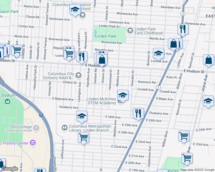 map of restaurants, bars, coffee shops, grocery stores, and more near 2272 Homestead Drive in Columbus